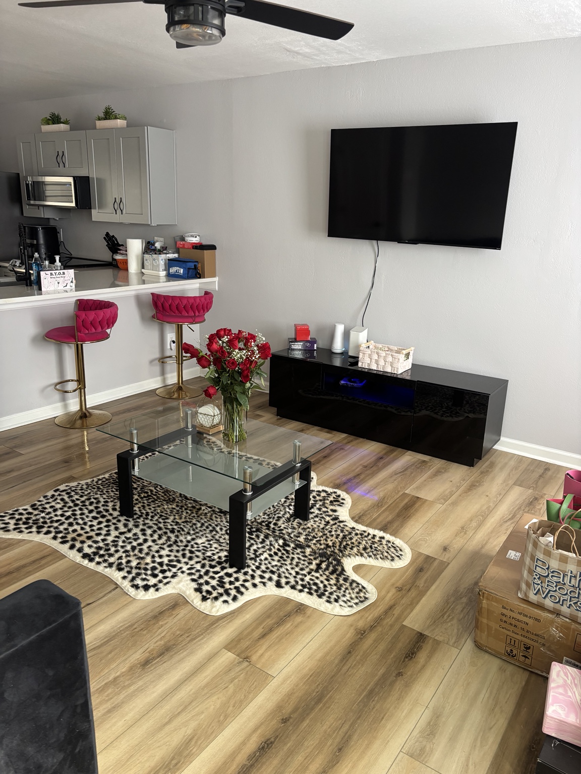 Clean living room and kitchen area after service