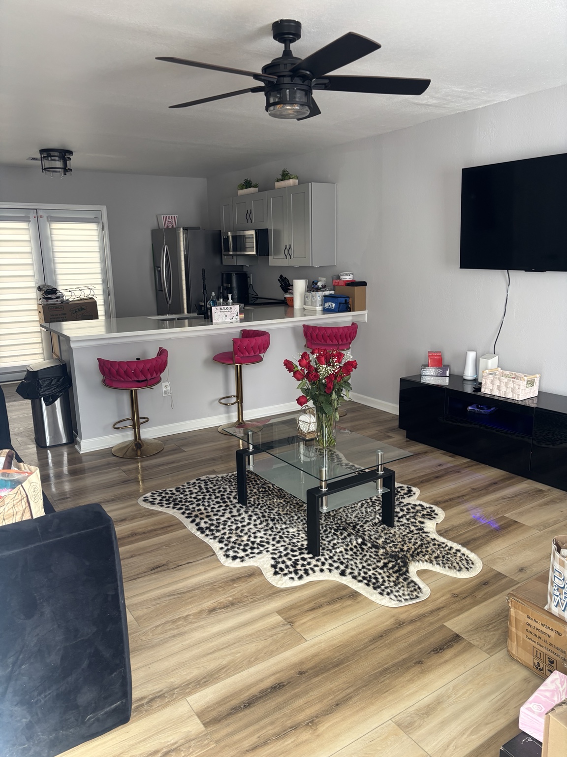 Wide view of a clean furnished living room